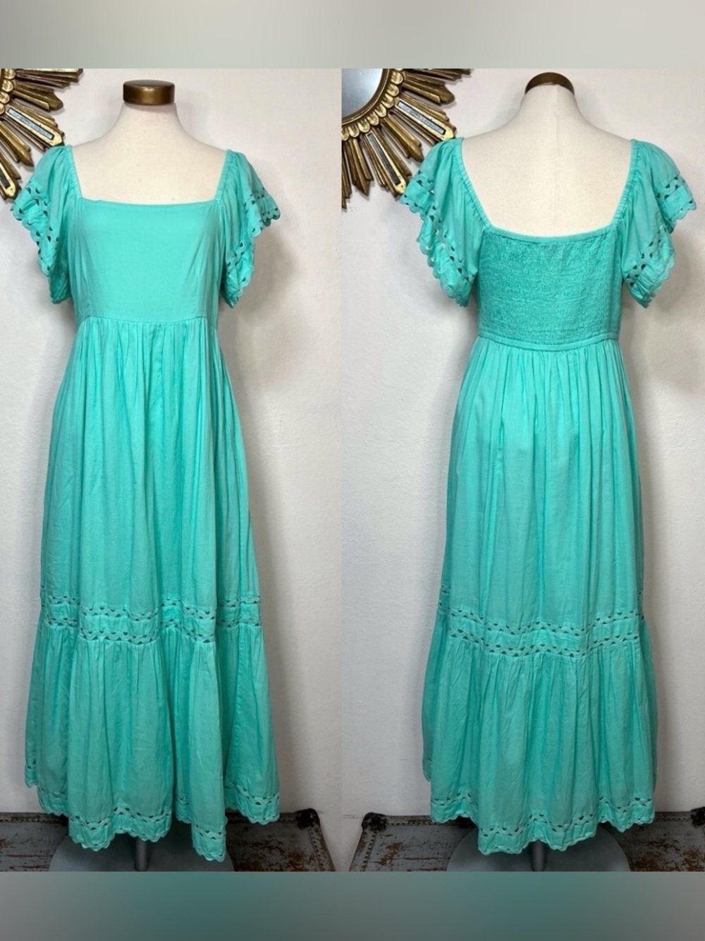 Olivia James Square Neck Flutter Sleeve Turquoise Maxi Dress
